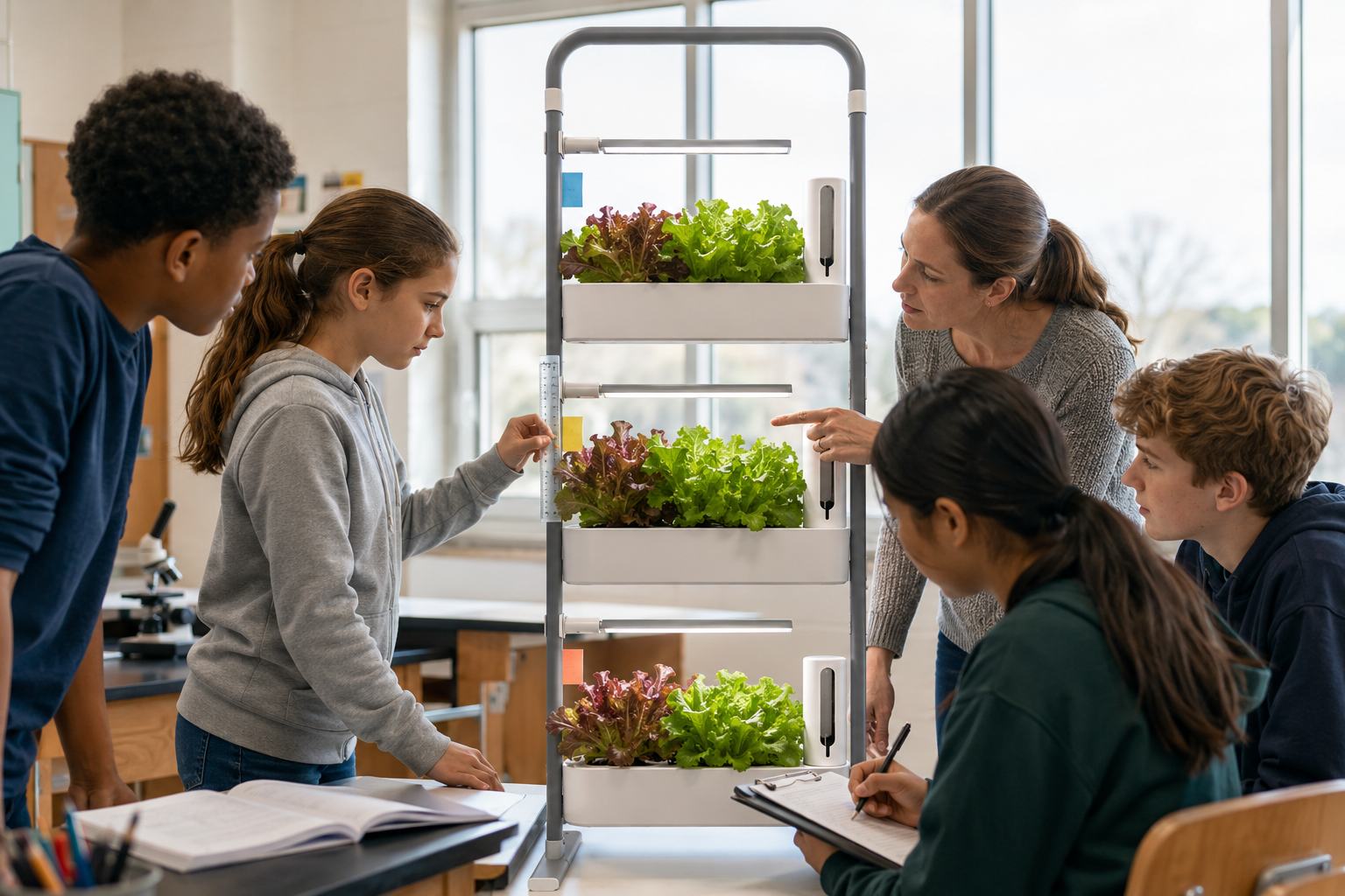 Students learning with a Savi growing system