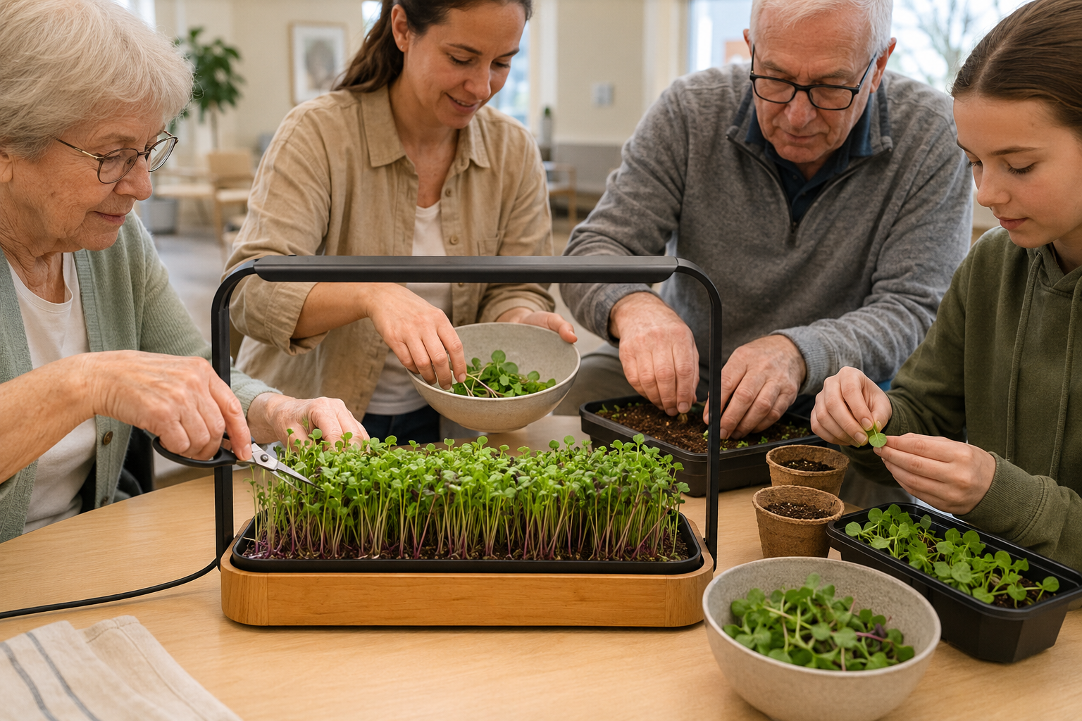 A group planting and harvesting around a Savi micro garden