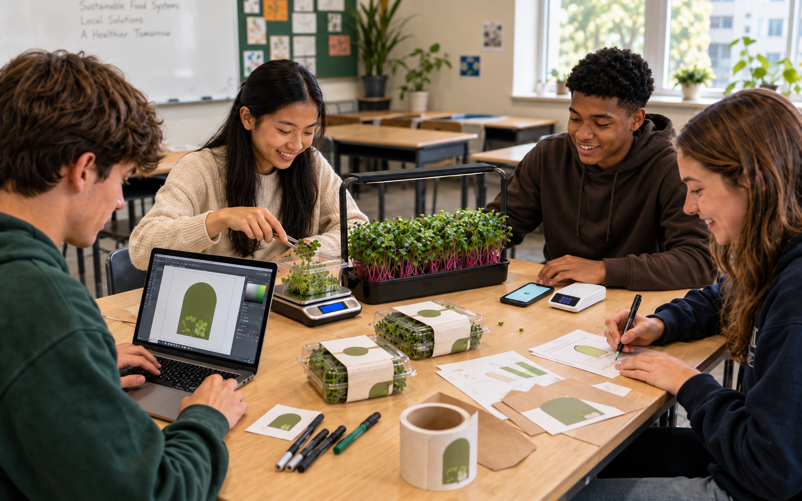 High school students growing, packaging, pricing, and preparing microgreens for sale