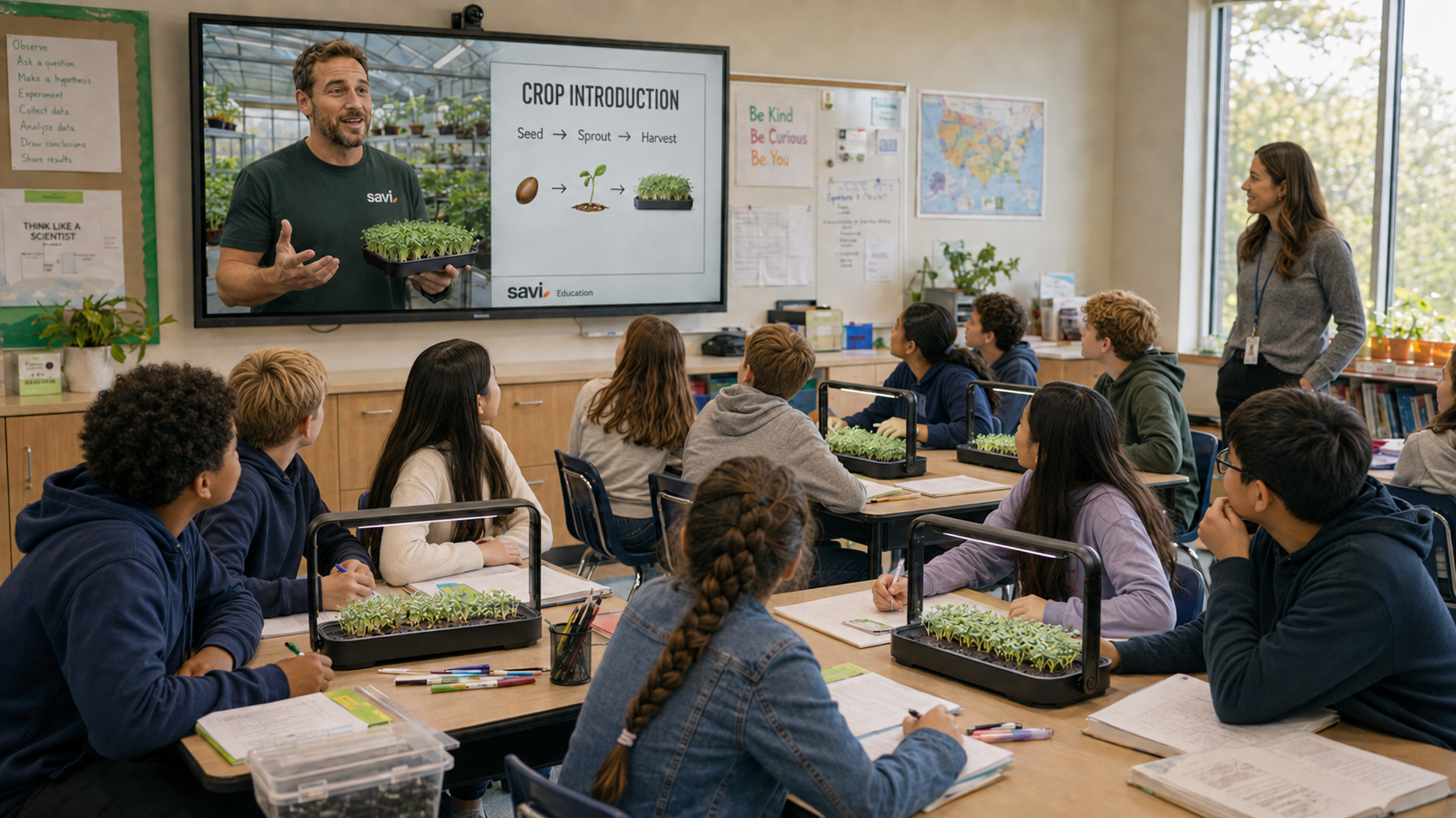 Students follow a live crop introduction lesson led by a Savi educator on the classroom screen