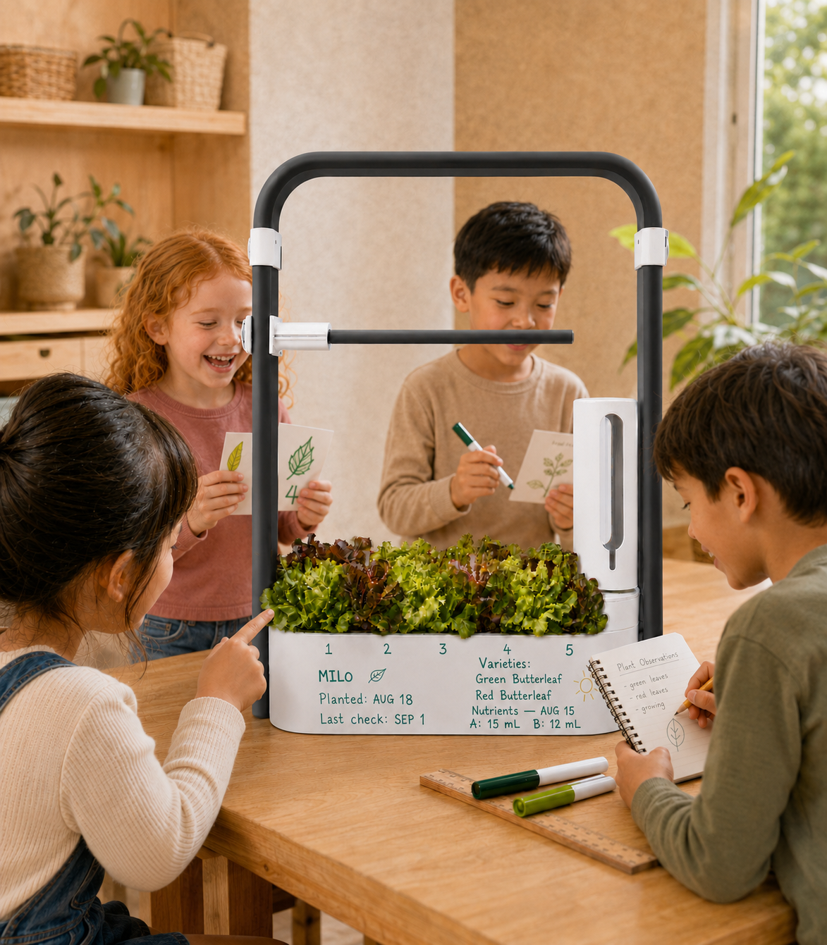 Young students observing red and green butterleaf lettuce on a Savi One classroom system