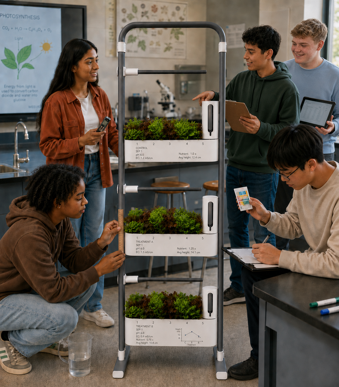 Students collecting data from three lettuce treatments on a Savi Three classroom system