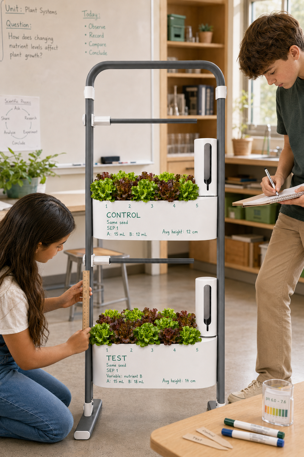 Students measuring control and test lettuce crops on a Savi Two classroom system