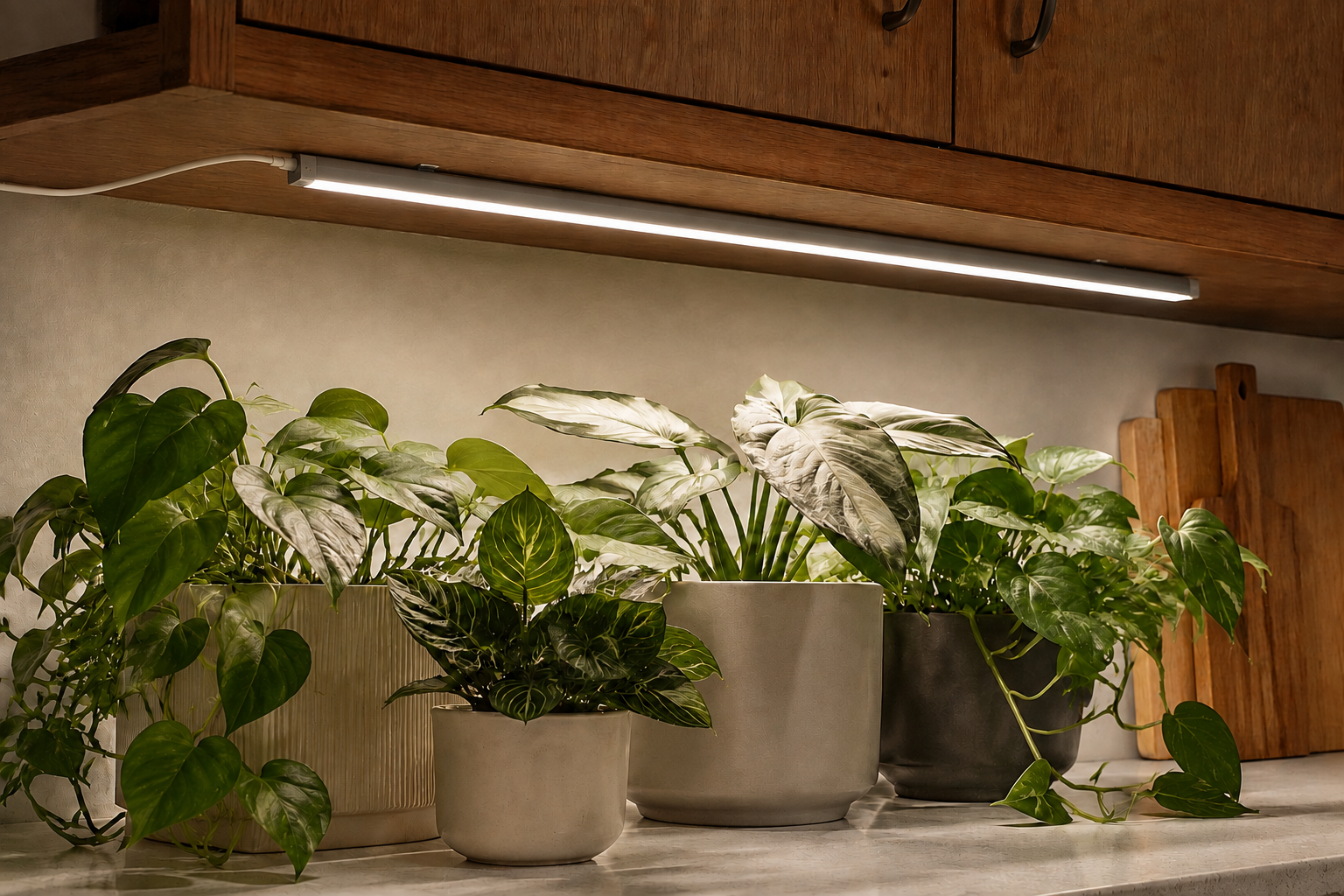 Savi ten20 graphite light bar mounted beneath a cabinet above tropical houseplants